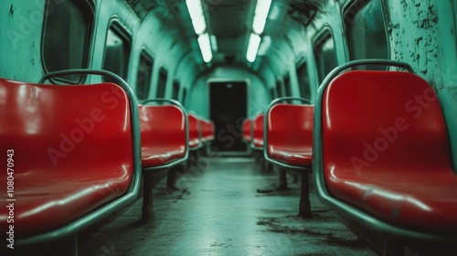 An empty bus features red seats and a dimly lit corridor, creating a modern but somber transportation scene, resonating with loneliness and calm. photo