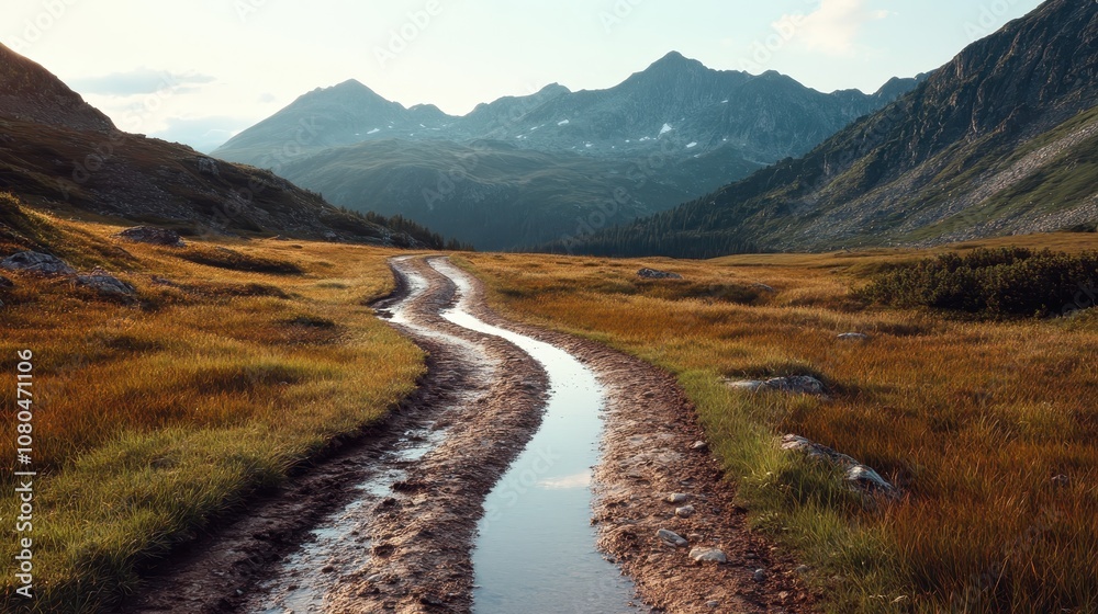 A muddy path twists through a scenic mountain valley, reflecting rugged adventure and tranquility. Embracing nature's wild beauty with opportunities to reflect. A muddy path twists through a scenic mountain valley, reflecting rugged adventure and tranquility. Embracing nature's wild beauty with opportunities to reflect.