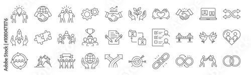 Partnership, Collaboration line icon set. Vector pictograms of teamwork, global cooperation, shared success, mutual support, project launch, achievement thin linear illustration.