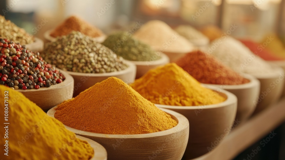 Fototapeta premium A vibrant display of colorful spices in bowls, showcasing a variety of textures and hues typically found in markets or kitchens.
