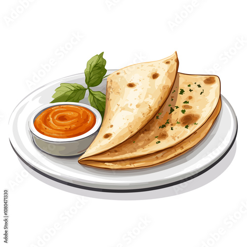 Vector Illustration of Masala Dosa with Chutneys