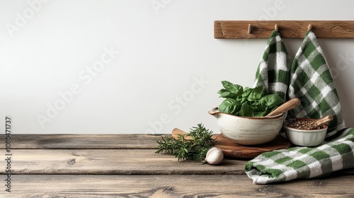 A rustic kitchen scene with fresh basil, rosemary, a wooden mortar and pestle, garlic, and a green checkered towel on a wooden counter evokes warmth and homeliness. photo