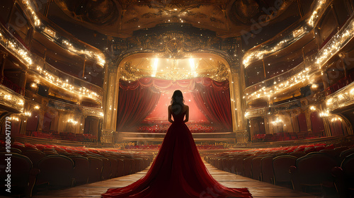 An opera diva performing in an opulent theater, her powerful voice resonating through the hall, with the rich decor and elegant lighting adding to the drama of the performance. Opulent. Illustration