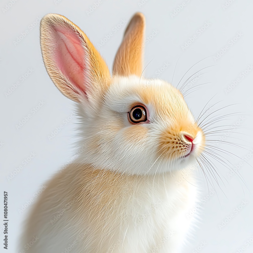 Obraz premium A close up image of a fluffy white rabbit with pink ears and bright eyes, isolated on a pure white background, showcasing intricate details of its whiskers, fur, and adorable expression