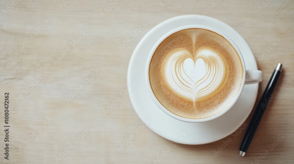 A beautifully crafted latte art featuring a heart shape, served in a white cup on a wooden table, accompanied by a black pen. A beautifully crafted latte art featuring a heart shape, served in a white cup on a wooden table, accompanied by a black pen.