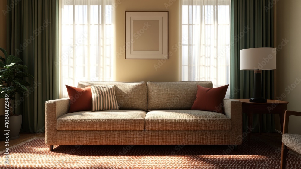 Fototapeta premium A cozy living room featuring a neutral sofa, decorative pillows, large windows, and soft lighting that creates a warm ambiance.