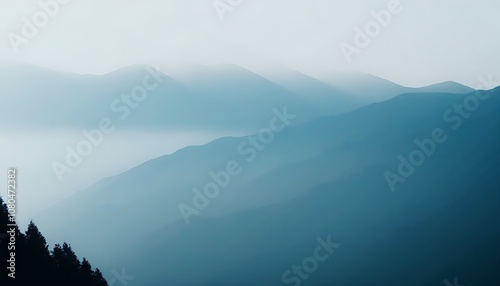 Mountain landscape with morning fog, serene and mysterious