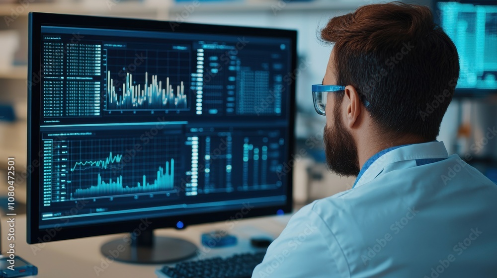 Professional analyzing data on large screens in a modern office environment. Professional analyzing data on large screens in a modern office environment.