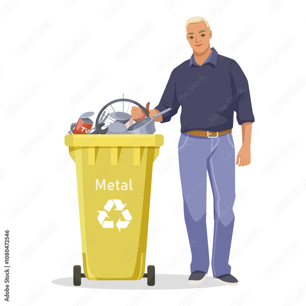 A man stands next to a yellow recycling bin filled with metal items. Vector illustration A man stands next to a yellow recycling bin filled with metal items. Vector illustration