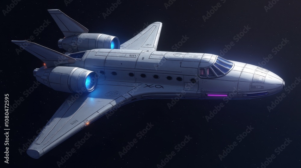 Streamlined Space Shuttle with Glowing Blue Engines Flying Through a Field Streamlined Space Shuttle with Glowing Blue Engines Flying Through a Field