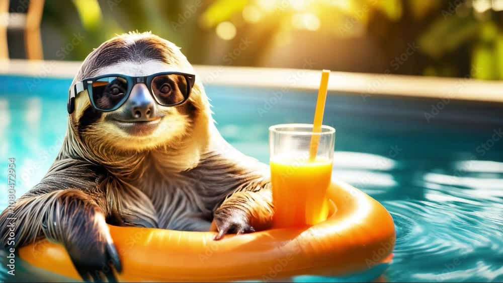 Banner with happy sloth in sunglasses in a pool floating on yellow swimming ring. Concept of lazy vacation in tropical resort hotel, all inclusive, tourism, travel, vacation.