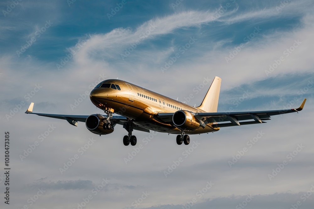 Obraz premium Stunning Golden Airplane Descending Against a Clear Sky Background
