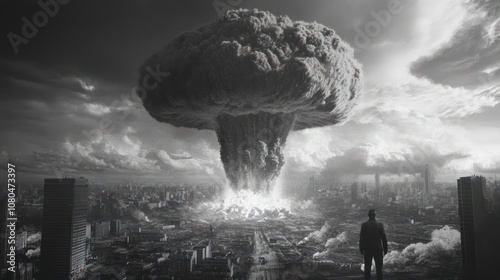 A single figure stands in the foreground, looking out at a massive mushroom cloud rising over a city in the distance. The image is in black and white, giving it a sense of starkness and devastation. photo