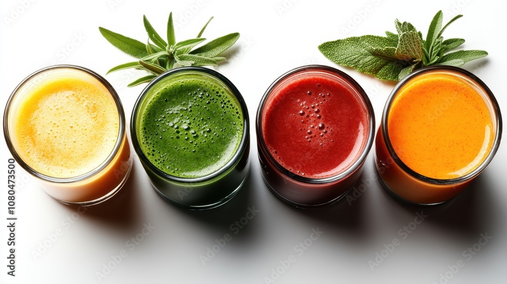 A series of four vibrant smoothies in glasses, each topped with different herbs, displays a colorful and refreshing assortment of health drinks on a white background. A series of four vibrant smoothies in glasses, each topped with different herbs, displays a colorful and refreshing assortment of health drinks on a white background.