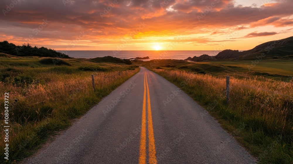 A solitary path bathed in golden light, leading towards the ocean at sunset, surrounded by lush fields and the tranquil beauty of nature embracing the horizon. A solitary path bathed in golden light, leading towards the ocean at sunset, surrounded by lush fields and the tranquil beauty of nature embracing the horizon.