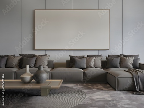 A modern living room with a large, plush gray sectional sofa adorned with various taupe and gray cushions. In front of the sofa, there's a sleek wooden coffee table with three decorative vases of vary photo