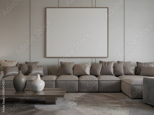 A modern living room with a large, plush gray sectional sofa adorned with various taupe and gray cushions. In front of the sofa, there's a sleek wooden coffee table with three decorative vases of vary photo