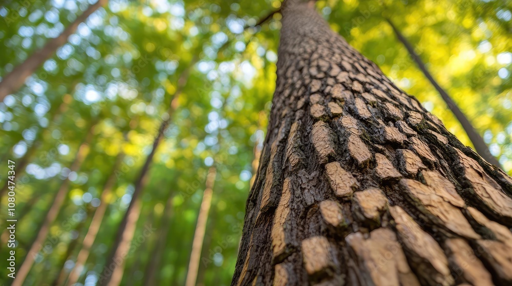 Fototapeta premium Close-up view of a tall tree trunk against a lush green forest background.