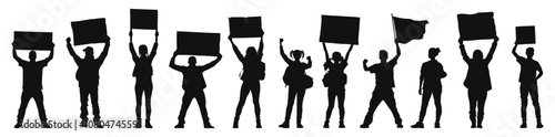 Diverse people holding protest signs and flags, vector illustration. Group of individuals standing in solidarity, raising signs in peaceful demonstration.