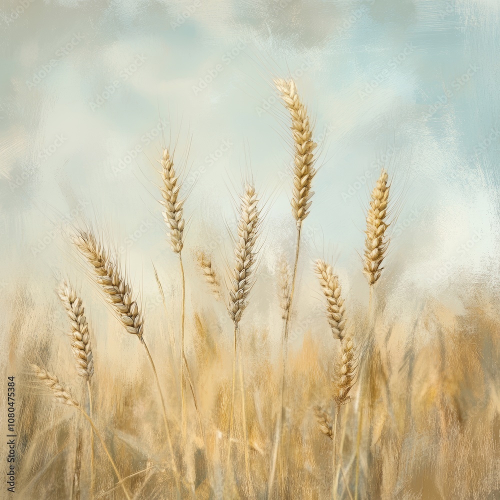 Close-up of golden wheat stalks swaying gently under a soft blue sky, embodying the peaceful essence of rural agriculture and natural beauty. Close-up of golden wheat stalks swaying gently under a soft blue sky, embodying the peaceful essence of rural agriculture and natural beauty.