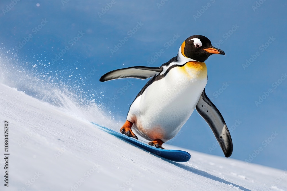 Obraz premium Joyful Penguin Sliding Down Snowy Hill in a Winter Wonderland