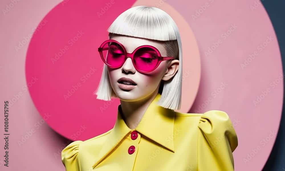 A striking model showcases bold fashion with unique sunglasses against colorful backdrop in a contemporary style shoot A striking model showcases bold fashion with unique sunglasses against colorful backdrop in a contemporary style shoot