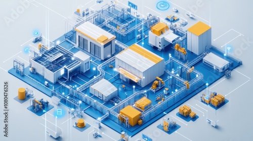 Isometric illustration of a modern factory with automated production lines, robots and connected devices.