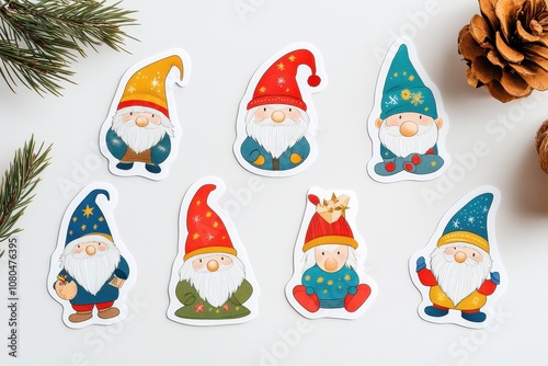 Colorful collection of gnome decorations displayed with pine branches and a pine cone during the holiday season