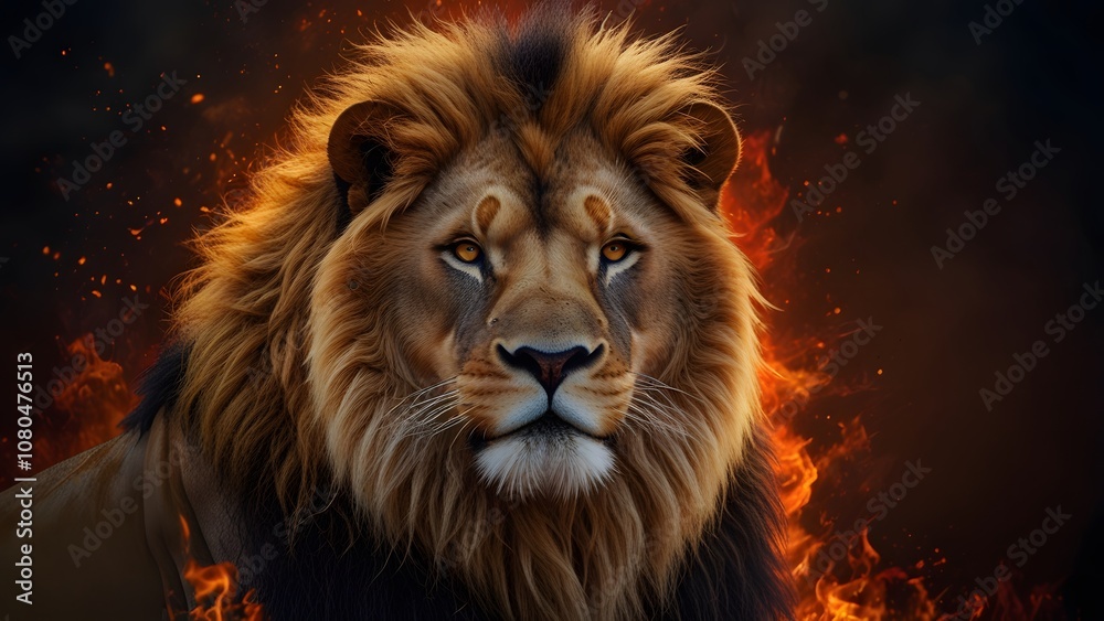 Inferno King: A Lion's Portrait with a Fiery Aura Inferno King: A Lion's Portrait with a Fiery Aura