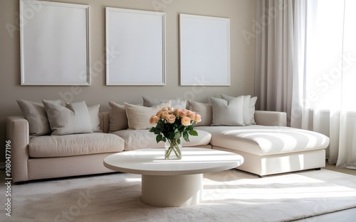 A modern living room with a neutral color palette. A plush beige sofa sits against a wall adorned with three blank white frames. In front of the sofa, there's a white, round coffee table with a vase c photo