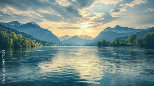 Stunning lake landscape with lush greenery, majestic mountains, and peak natural beauty