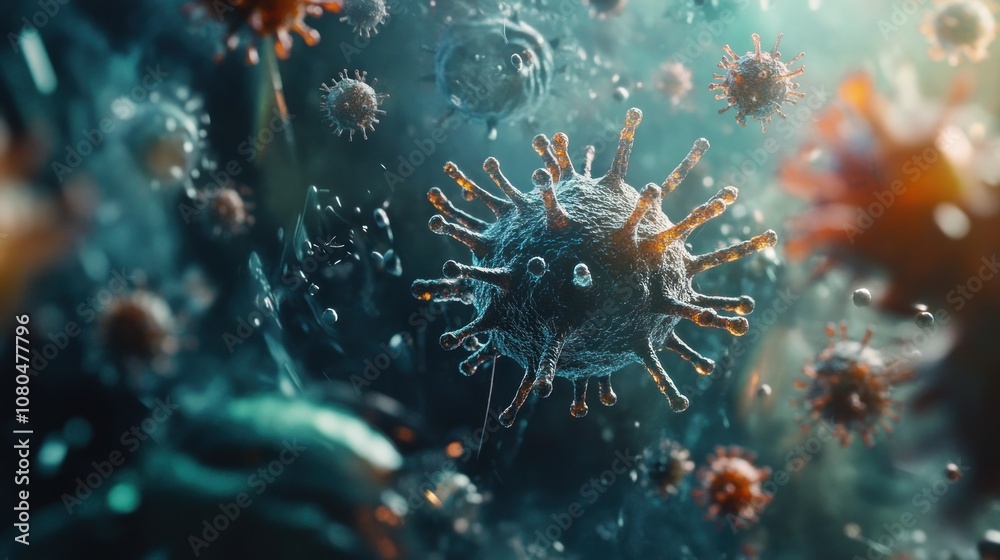 Microscopic view of viruses in a vibrant environment. Microscopic view of viruses in a vibrant environment.