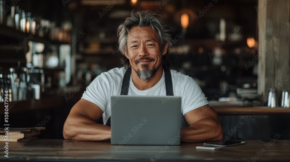 A cheerful man with gray hair sits in a dimly lit coffee shop, wearing an apron and working diligently on his laptop, conveying a sense of warmth and concentration. A cheerful man with gray hair sits in a dimly lit coffee shop, wearing an apron and working diligently on his laptop, conveying a sense of warmth and concentration.