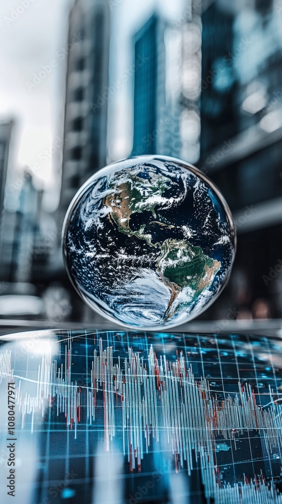 A realistic globe perched on top of a fluctuating financial data chart set against a bustling city scene, representing global economics and interconnected economies. A realistic globe perched on top of a fluctuating financial data chart set against a bustling city scene, representing global economics and interconnected economies.