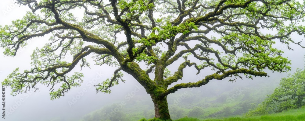 Oak tree in misty landscape, serene atmosphere, green leaves, peaceful environment. Oak tree in misty landscape, serene atmosphere, green leaves, peaceful environment.