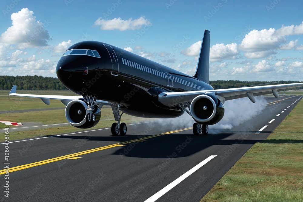 Ultra-Realistic Black Commercial Jet Aircraft Landing on Runway Ultra-Realistic Black Commercial Jet Aircraft Landing on Runway