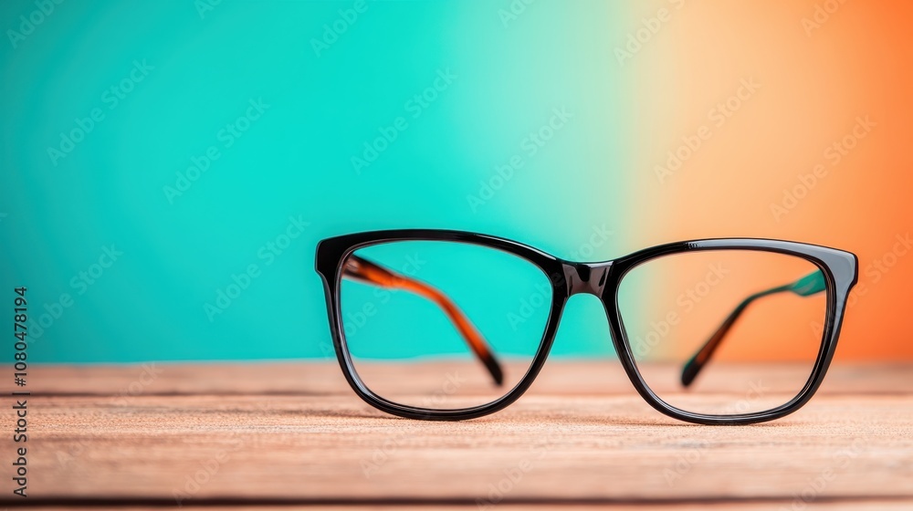 A pair of stylish black eyeglasses placed on a wooden surface with a vibrant gradient background, showcasing modern eyewear in a minimalist setting. A pair of stylish black eyeglasses placed on a wooden surface with a vibrant gradient background, showcasing modern eyewear in a minimalist setting.