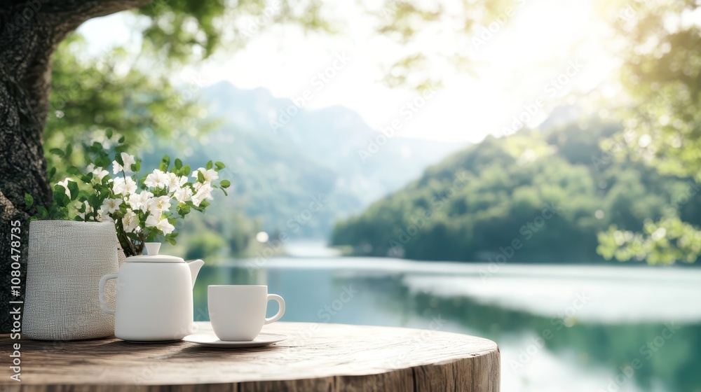 A peaceful lakeside morning scene with a cup of tea, white flowers in a rustic vase, and gentle sunlight, offering tranquility and a connection to nature. A peaceful lakeside morning scene with a cup of tea, white flowers in a rustic vase, and gentle sunlight, offering tranquility and a connection to nature.