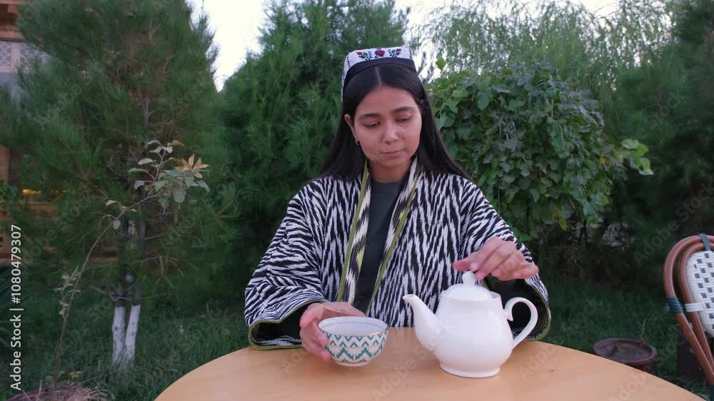 Uzbek woman in traditional clothing and headdress pours tea from a ...