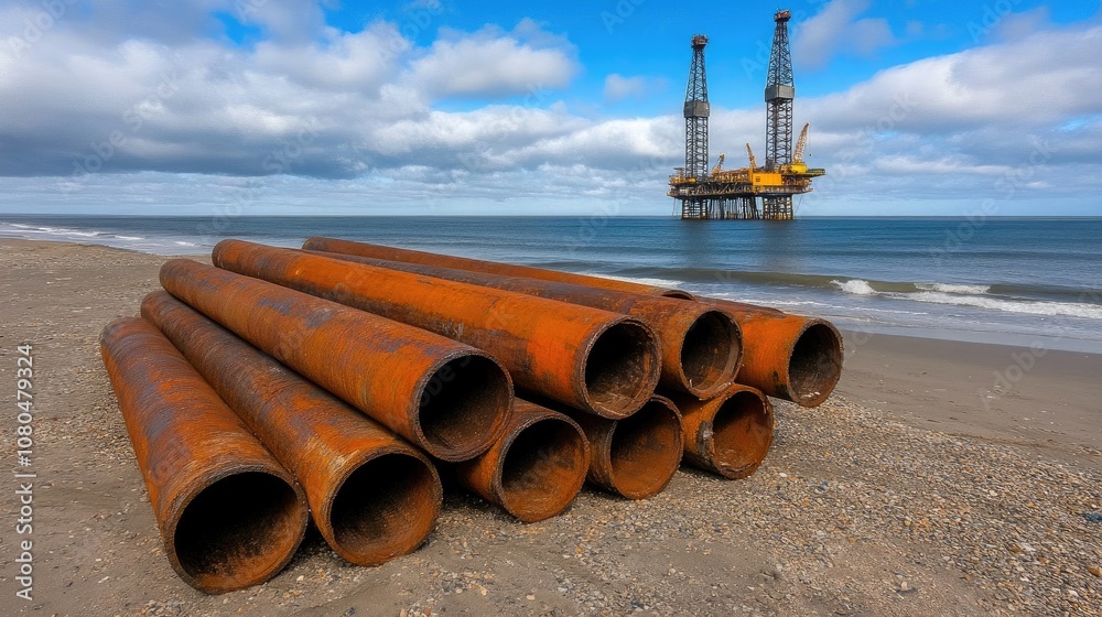 Rusty steel pipes stacked neatly with an oil rig in the background under a cloudy sky near the shore Rusty steel pipes stacked neatly with an oil rig in the background under a cloudy sky near the shore