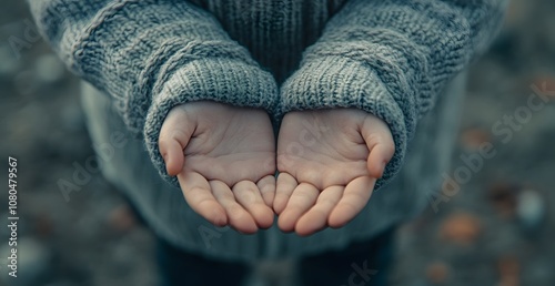 The top view of the hands in a grey sweater holding something, with an empty cupped hand for a help concept. 