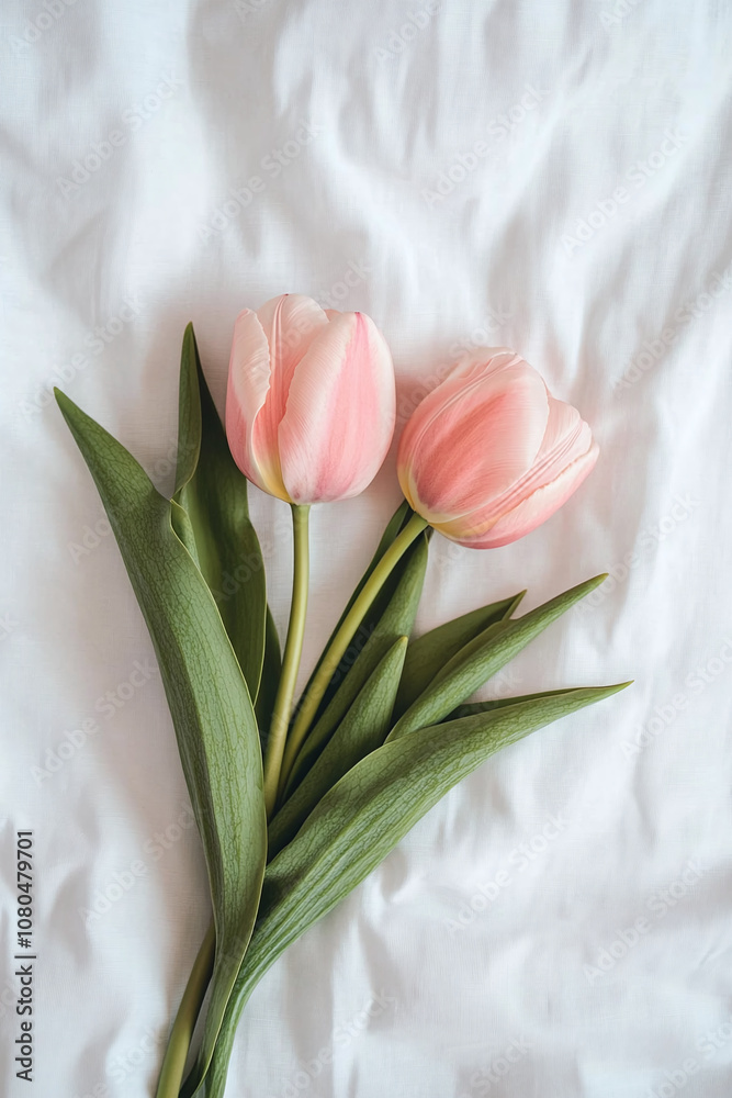Delicate Pink Tulips on White Linen