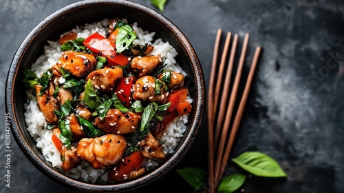 A mouthwatering teriyaki chicken garnished with fresh vegetables and sesame seeds atop rice in a traditional bowl, showcasing a perfect blend of taste and style.