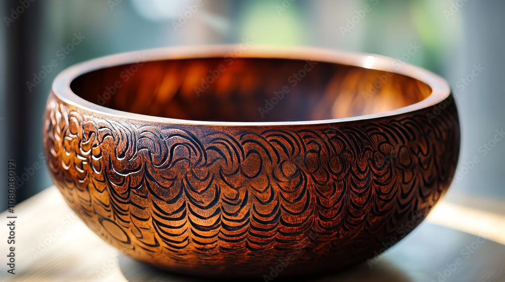 A beautifully carved wooden bowl with intricate patterns, highlighted by sunlight, showcasing artisan craftsmanship.