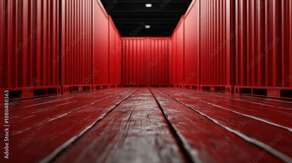 Fototapeta premium Image of red metal containers forming a corridor, featuring a detailed wooden floor that guides the viewer's perspective towards the vanishing point.