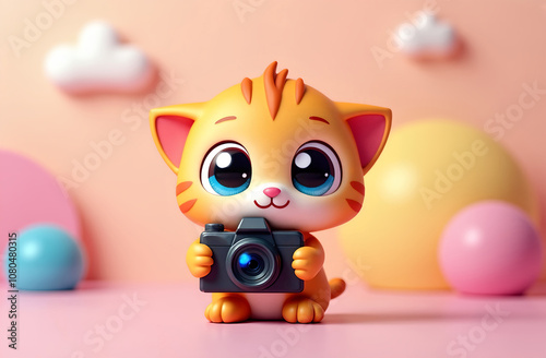 Cute cartoon-style ginger kitten holding a camera against a pastel background with clouds and round shapes, creating a playful and whimsical scene