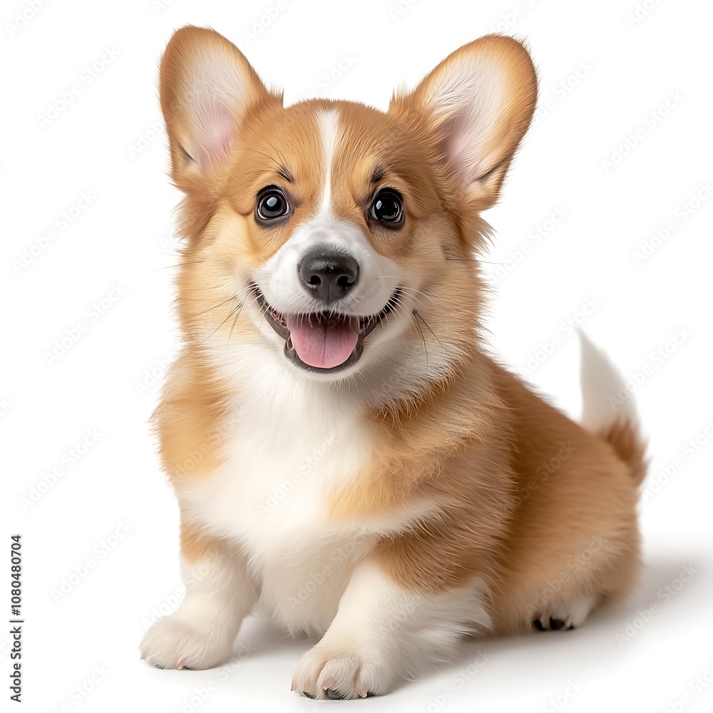 The happy little dog puppy has fluffy fur and a wagging tail, with adorably large eyes that sparkle with joy as it sits contently on the white background.Isolated on a white background. The happy little dog puppy has fluffy fur and a wagging tail, with adorably large eyes that sparkle with joy as it sits contently on the white background.Isolated on a white background.