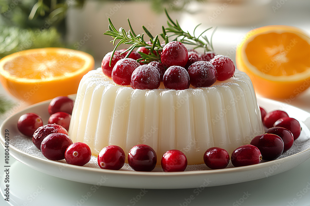 White dessert with cranberries and orange slices on top White dessert with cranberries and orange slices on top