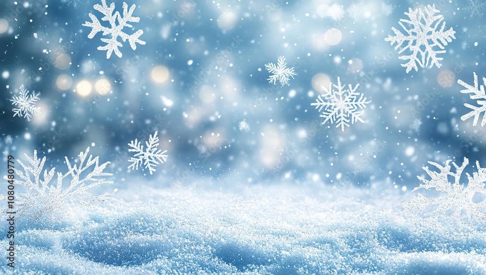 A beautiful winter scene with snowflakes falling over a snowy surface and bokeh lights A beautiful winter scene with snowflakes falling over a snowy surface and bokeh lights