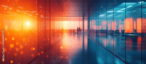 Modern office hallway with sunset light through glass windows.